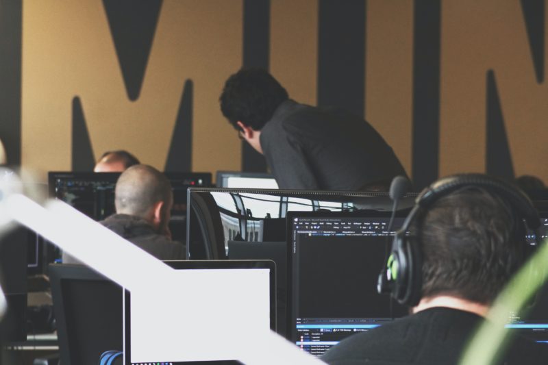 People sitting at desks, in front of computers coding